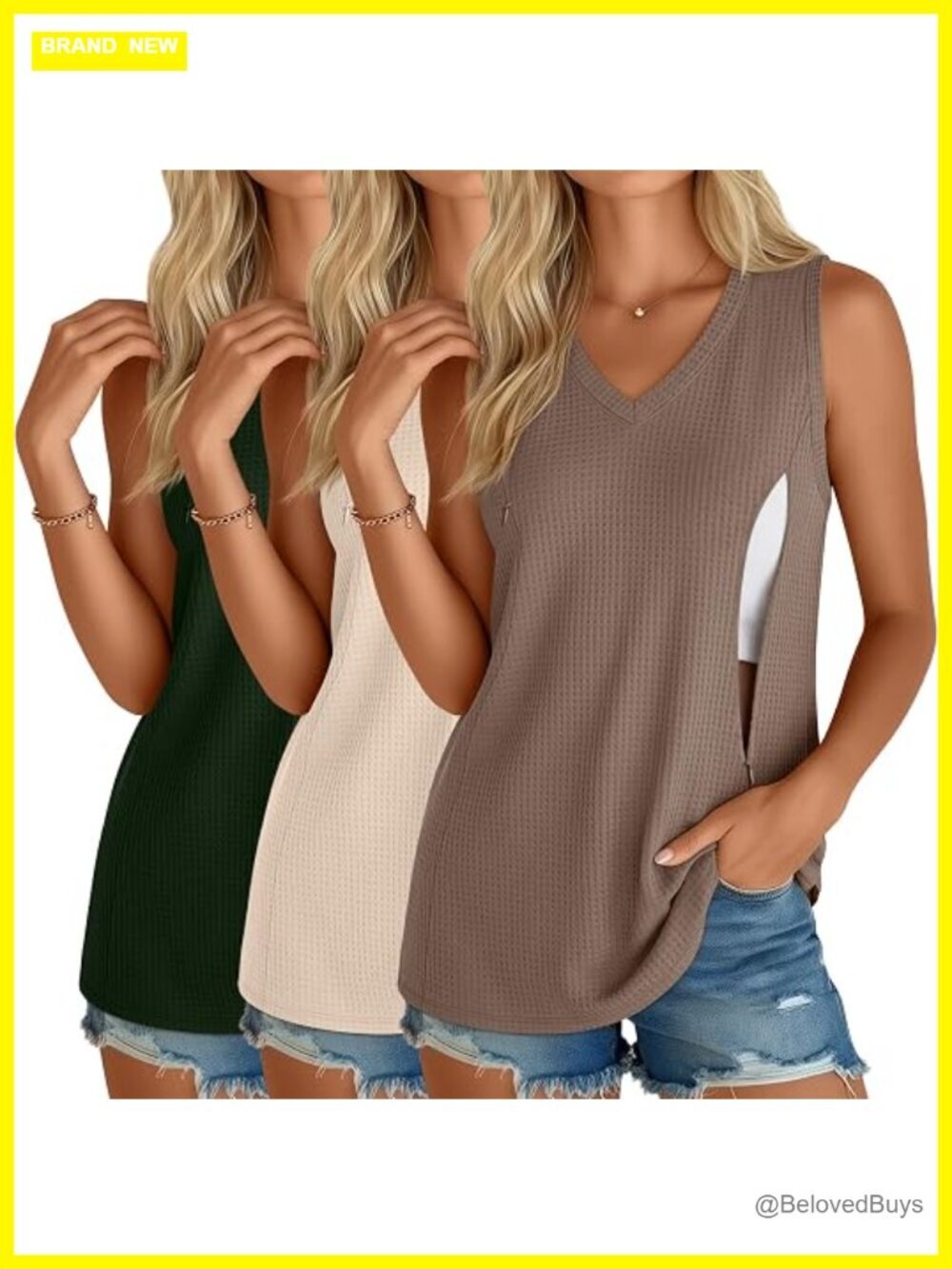 3 Pack Nursing Tank Tops V Neck Sleeveless Waffle Zippers Breastfeeding Shirts